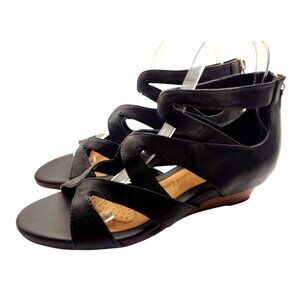 Söfft Women's Black 8M Leather Strappy Sandals W/Low Wedge Heel & Back Zipper